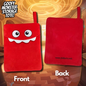 May include: Red plush tote bag with a smiling monster face on the front and the text "www.pubbets.net" on the back. The tote bag has a loop handle.