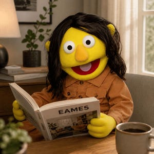 May include: A yellow puppet with black hair wearing a tan button-down shirt, holding an open book with the word EAMES printed on the cover. The puppet has large white eyes, a yellow nose, and an open mouth with a visible tongue.