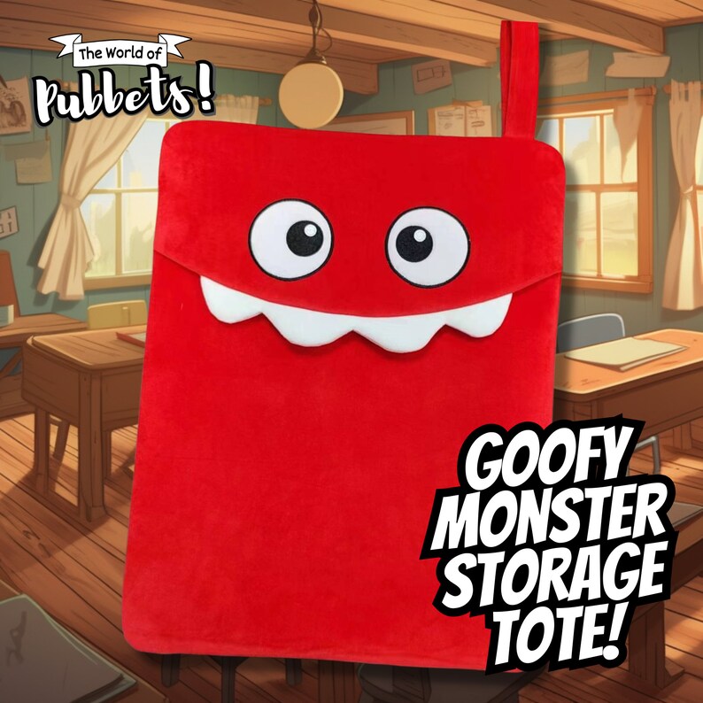 May include: Red plush tote bag with a smiling monster face and the text "GOOFY MONSTER STORAGE TOTE!"