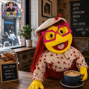 Könnte beinhalten: Eine gelbe Handpuppe mit langem rotem Haar, die ein beiges Barett mit roten Kirschen, eine leuchtend pinke Brille und eine weiße Bluse mit rotem Blumenmuster trägt. Die Puppe hat gelbe Hände und steht neben einer blauen Kaffeetasse.