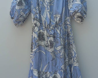 Vintage Summer Dress size 12-14. Off Shoulder with Puff Sleeves. Blue and White Striped with Flower print