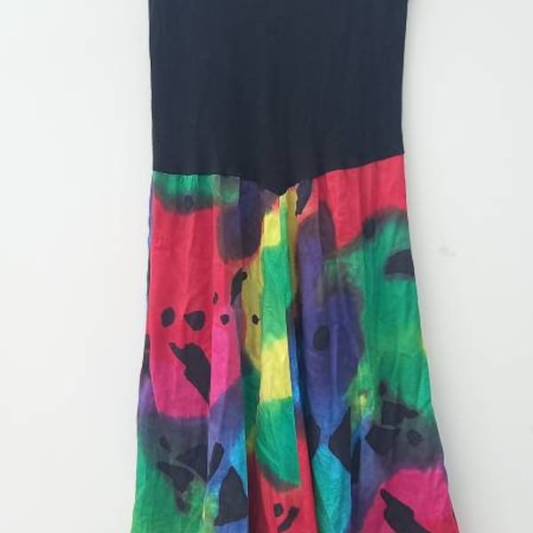 Vintage Summer Dress Black and Rainbow Skirt. Size 12