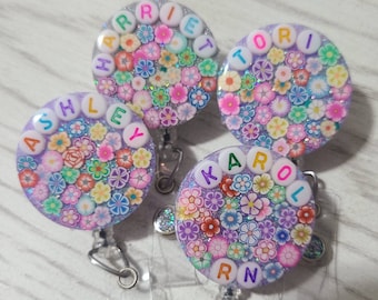 Glitter badge reel,cute retractable ID holder,personalized badge reel, alphabet beads