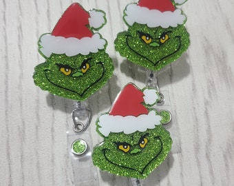 Grinch badge reel, glitter badge reel, healthcare worker ID holder holiday badge reel, Christmas badge reel