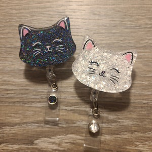 Cat face badge reel, cute badge reel, kitty badge reel, glitter nurse badge reel