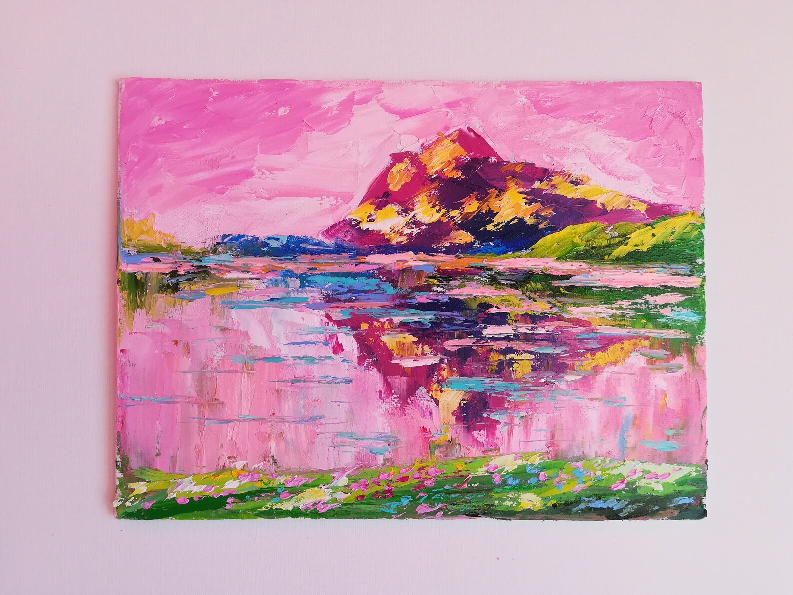 Pink sunset oil painting Seascape sunset art Mountain Etsy