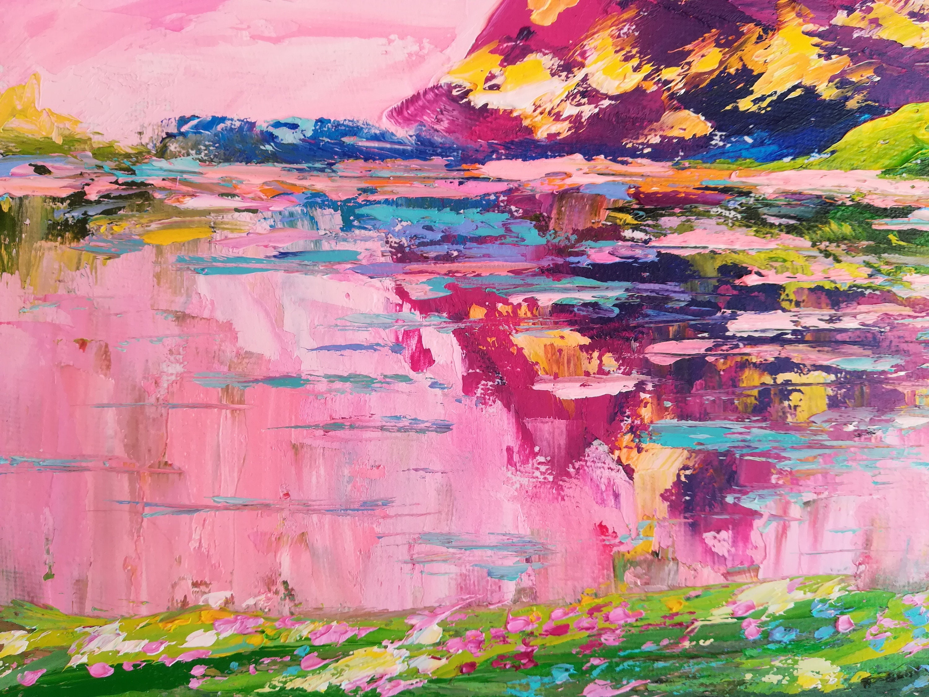 Pink sunset oil painting Seascape sunset art Mountain Etsy