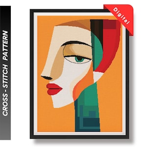 May include: A digital cross-stitch pattern featuring a stylized portrait of a person with a green eye, red lips, and a colorful geometric background.