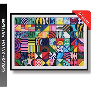 May include: A digital cross-stitch pattern featuring a colorful geometric design with various shapes and patterns. The pattern is made up of 64 squares, each with a different design. The colors are bright and vibrant, and the overall effect is very modern and stylish.