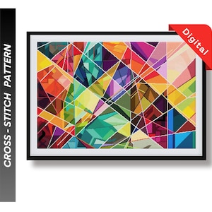May include: A digital cross-stitch pattern featuring a colorful abstract design with geometric shapes and lines. The pattern is framed in black and has a white background.