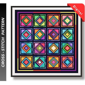 Könnte beinhalten: Ein farbenfrohes Kreuzstichmuster mit einem geometrischen Design aus Quadraten in Quadraten. Das Muster zeigt eine Vielzahl von Farben, darunter Rot, Orange, Gelb, Grün, Blau, Lila und Pink.