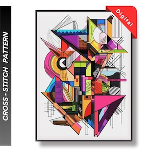 Puede incluir: Un patrón de punto de cruz digital enmarcado con un diseño geométrico abstracto. La obra de arte utiliza una paleta de colores vibrantes, incluyendo rosa, morado, naranja y azul. La palabra "Digital" se muestra en una etiqueta roja. Las palabras "CROSS - STITCH PATTERN" están impresas en el lado izquierdo.