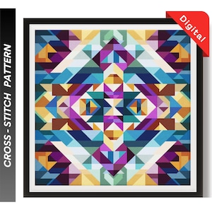 May include: A framed cross-stitch pattern with a geometric design in shades of blue, purple, yellow, and white. The word "Digital" is in a red corner tag. The words "CROSS - STITCH PATTERN" are printed vertically on the left side.
