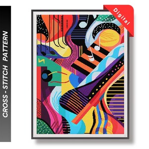 May include: A digital cross-stitch pattern featuring a colourful abstract design with geometric shapes, musical notes, and a variety of colours including red, yellow, blue, green, purple, and black.