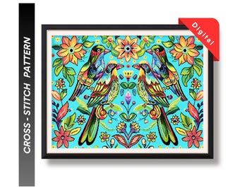 Patrón de punto de cruz de pájaros folclóricos en PDF / Diseño de bordado floral / Descarga instantánea Decoración del hogar DIY