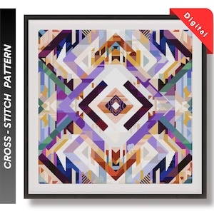 May include: A digital cross-stitch pattern featuring a geometric design with a white background and colorful shapes in shades of purple, blue, green, orange, and yellow.