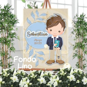 Poster Comunion Niño, personalizado con nombre y fecha, 50x70cm cartón. A3 digital imprimible. Fondo madera o lino. Custom communion sign.