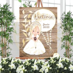 Girl Communion Poster, sheet, poster or personalized poster with name and date. Wood or linen background. Custom printable communion sign.