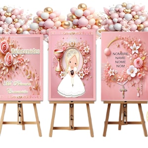 Comunión Inolvidable: Kit de 10 Láminas Rosa Oro Multilenguaje. 5 Niñas, Bienvenindas español, inglés, italiano y francés.