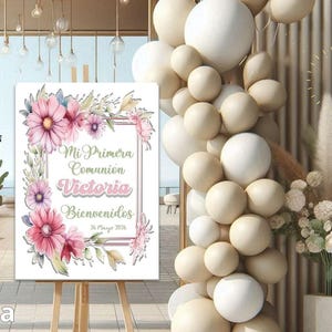 Primera Comunión Floral Rosa Cartel Bienvenida y Cajas personalizadas .Haz de la Primera Comunión un recuerdo inolvidable.