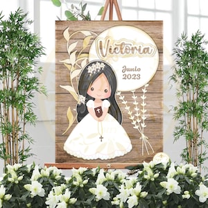 Comunión Niña, Posters personalizados con nombre y fecha. Tamaño 50x70cm en cartón. Tamaño A3 imprimible.  Custom communion sign.