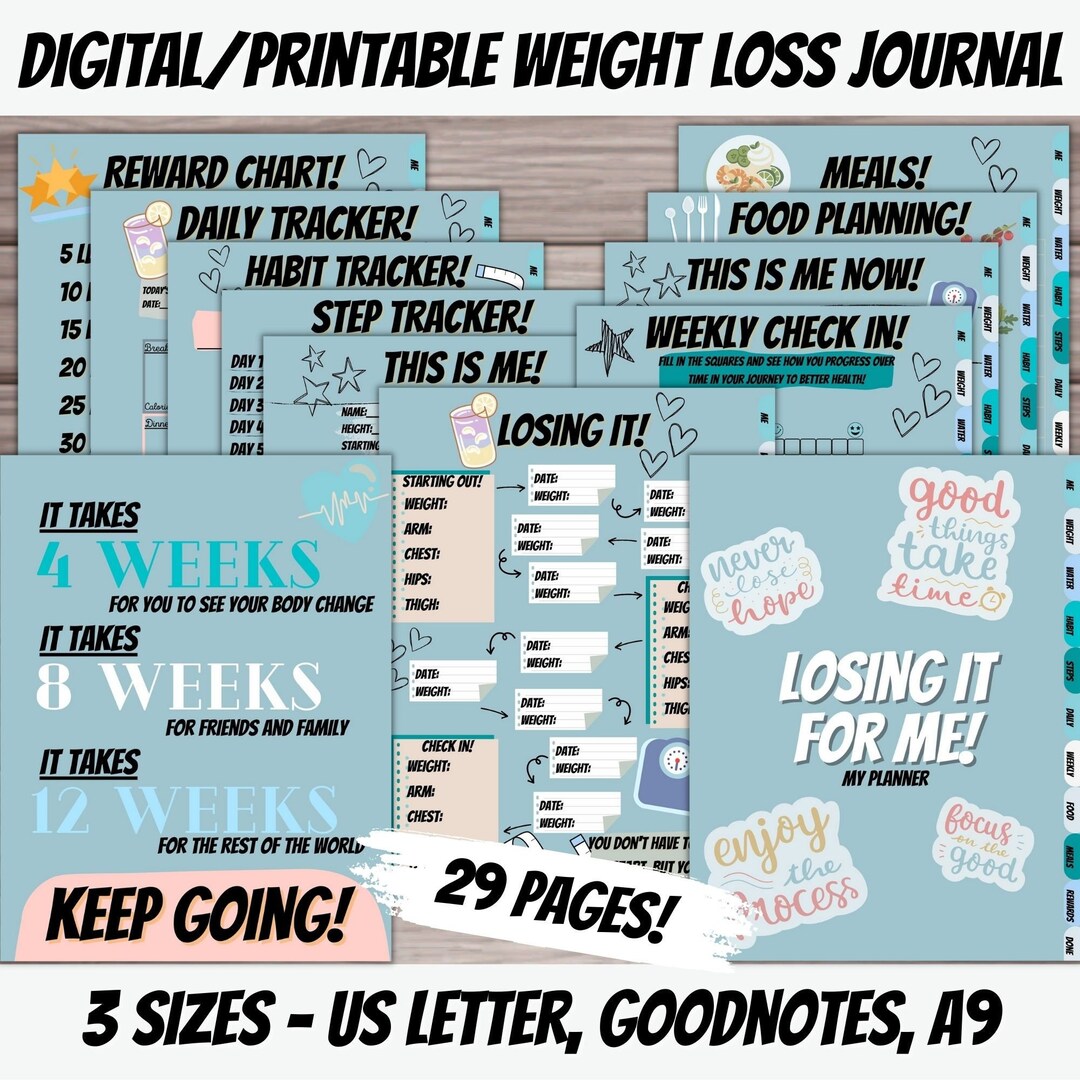 Digital Weight Loss Planner A9, Goodnotes, and US Letter Sizes Achieve
