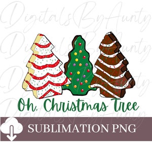 May include: Three gingerbread Christmas trees decorated with frosting and sprinkles. The trees are white, green, and brown. The text "Oh Christmas Tree" is written in green below the trees.