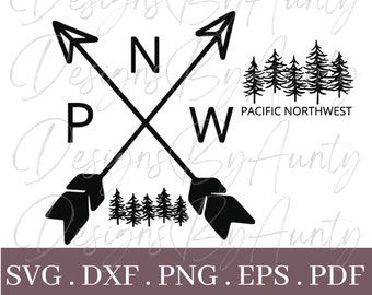 May include: Black and white compass design with arrows pointing north, south, east, and west. The compass is surrounded by a group of evergreen trees with the text "PACIFIC NORTHWEST" below the trees.