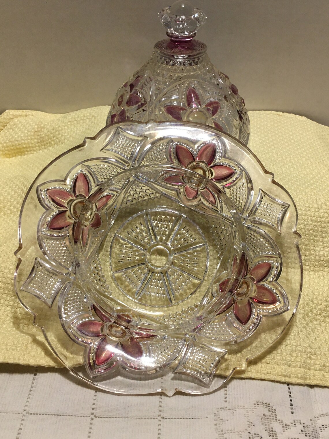 Vintage Glass Domed Butter Dish Purple Flowers Purple Etsy