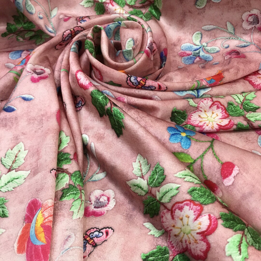 Pink Embroidery Stretch Silk Charmeuse 19momme Width Etsy