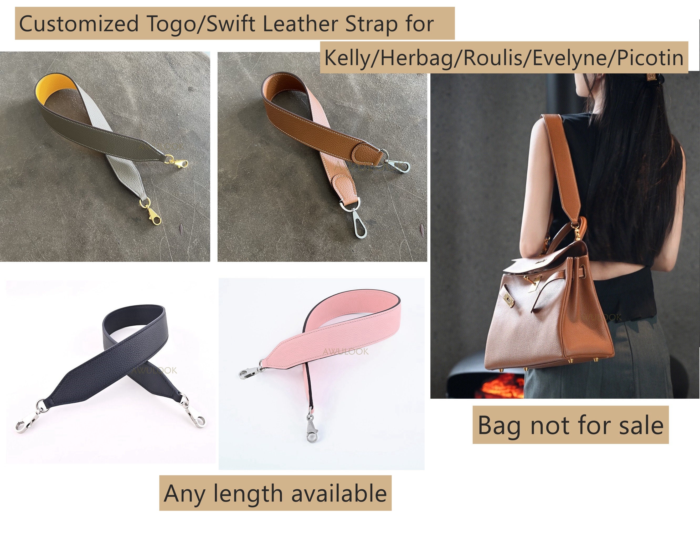 Custom Kelly Bag Shoulder Strap Bag Strap Vegetable Tanned Cowhide Togo  Lychee Pattern Diagonal Shoulder Bag Strap