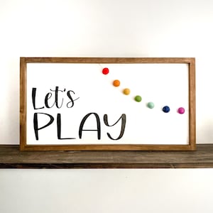 Let's Play Wood Sign with Pom Pom Garland | playroom décor, kids room, playroom sign, wall decor kid, rainbow playrooms playroom