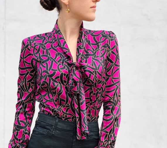 Orchid Pink Silk Satin Blouse with Pussy Bow