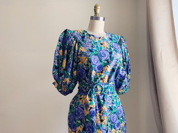 1980s Jim Thompson Silk Taffeta Midi Floral Dress