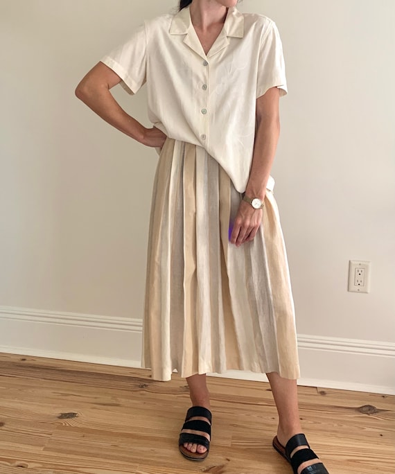 1970s Pleated Pastel Striped Linen Midi Skirt