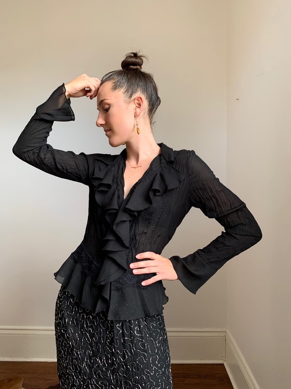 1990s/2000s Black Chiffon Pleated Ruffle Blouse