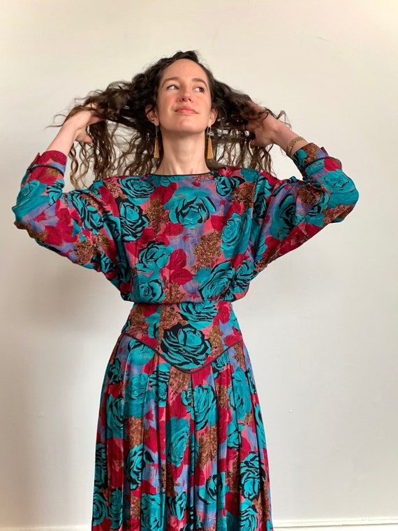 1980s Turquoise Rose Floral Blouse and Skirt Set