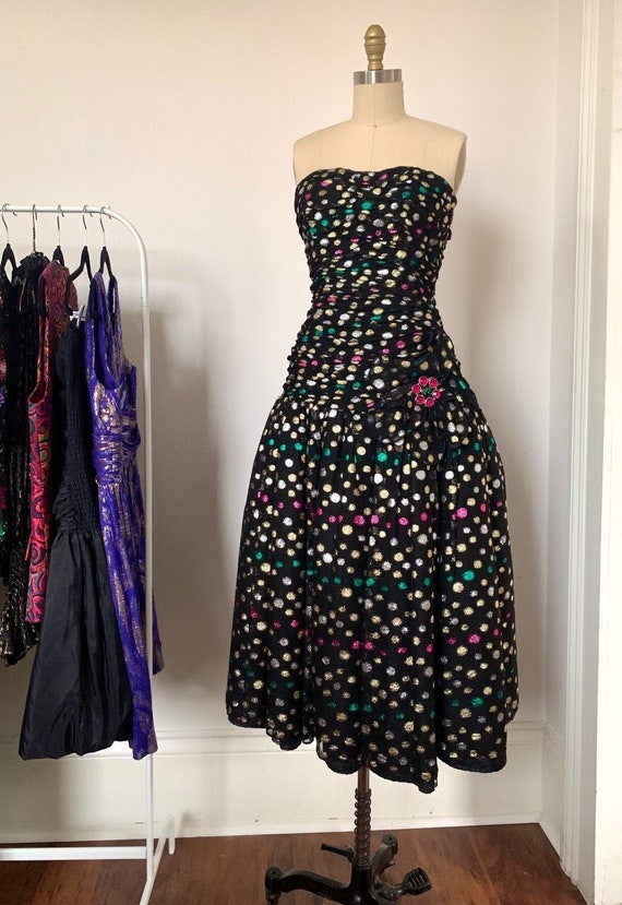 1980s Victor Costa Black Lurex Polka Dot Dress