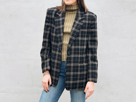 Black Plaid Tailored Wool Oversized Blazer