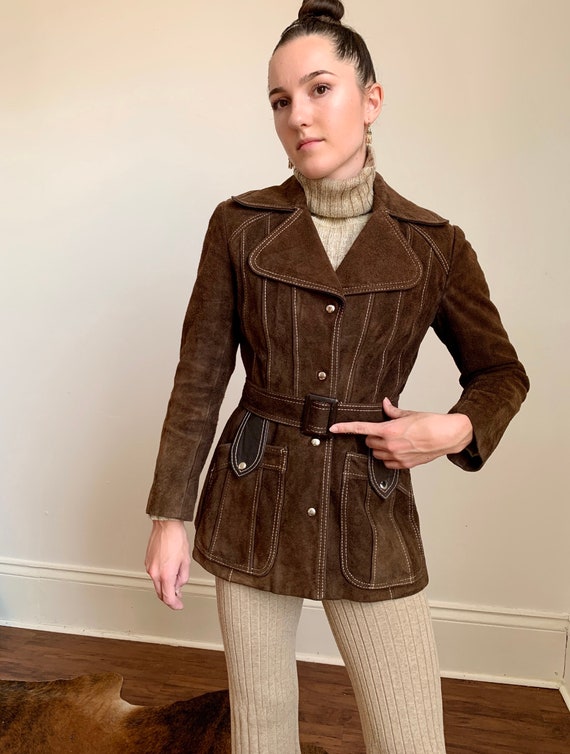 1970s Rare Chocolate Brown Suede Belted Jacket