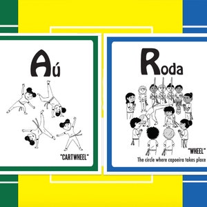 Könnte beinhalten: Vier Schwarzweißillustrationen von Capoeira-Bewegungen, mit dem Wort "Aú" und dem Satz "Cartwheel" in schwarzem Text. Eine separate Illustration zeigt eine Gruppe von Menschen im Kreis, mit dem Wort "Roda" und dem Satz "Der Kreis, in dem Capoeira stattfindet" in schwarzem Text.