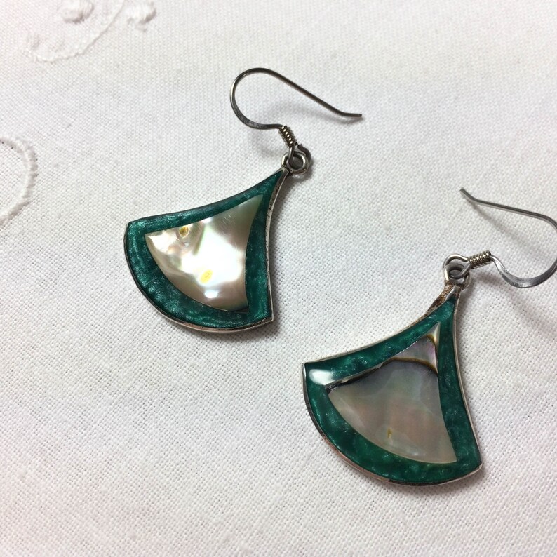 Mexican Abalone and Sterling Silver Fanshaped Earrings Etsy