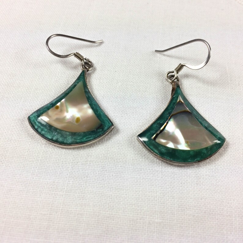 Mexican Abalone and Sterling Silver Fanshaped Earrings Etsy