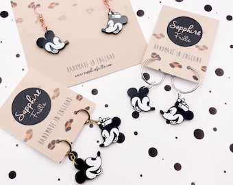 Medium Black and White Mickey & Minnie Mouse Acrylic Dangle Earrings | Handmade Acrylic Earrings | Hook, Hoop and Sterling Silver Statement