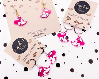 Medium Hot Pink Minnie Mouse Acrylic Dangle Earrings | Hot Pink Handmade Acrylic Earrings | Hook, Hoop and Sterling Silver Statement