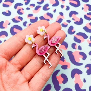 Pearl Shimmer and Hot Pink Glitter Acrylic Flamingo Flower Dangle Earrings | Handmade Pink Acrylic Earrings | Sterling Silver Statement