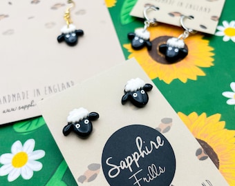 Black & White Sheep Earrings or Necklace, Handmade Clay Jewellery, Hypoallergenic Stud or Dangle Earrings, Animal Gift, Made in Norfolk