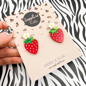 Green Glitter Marble and Red Gloss Acrylic Strawberry Flower Dangle Earrings | Red Handmade Acrylic Earrings | Sterling Silver Statement