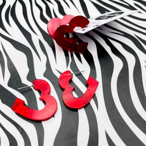 Large Valentine&#39;s Red Marble Acrylic Heart Hoops | Handmade Hot Pink Marble Acrylic | Stud and Sterling Silver
