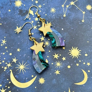 Medium Gold and Night Sky Marble Acrylic Shooting Star Dangle Earrings